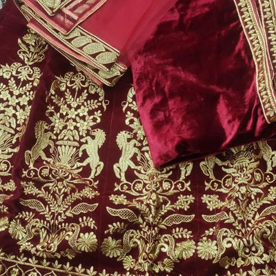 Buy Blue Velvet Dupatta Net Embroidery Round Bridal Lehenga Set For Women  by Vvani by Vani Vats Online at Aza Fashions.
