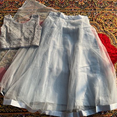 Harbor Haze Lehenga With Layered Blouse and Skirt – Awigna