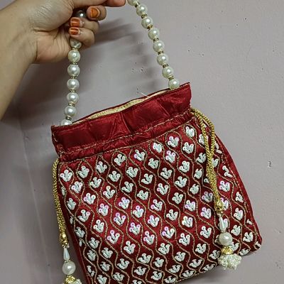 SnS Fashions Cream Pearl Round Bag with Full Embedded Smaller Golden Beads / Pearl Evening Bag / Pearl Potli Bag for Women