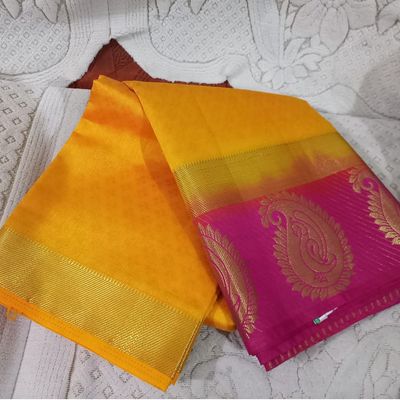 Yellow-Pink Festive Wear Woven Banarasi Silk Half & Half Saree