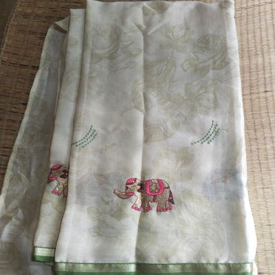 Woven Saree in Pashmina Cotton with Peacock and Elephant Motifs -...