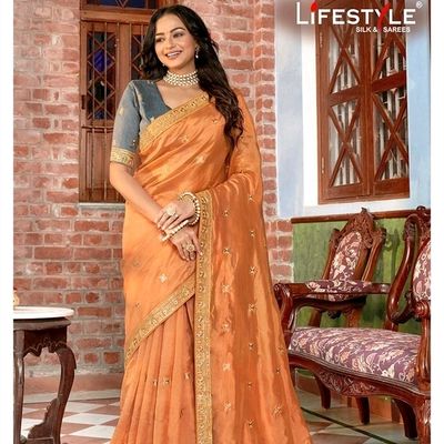 Peach Organza Saree In Lace Work Saree 4373SR11