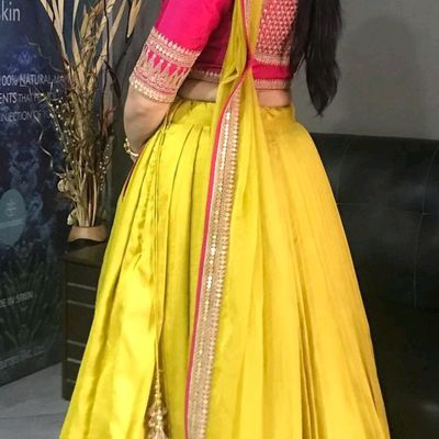 Lehenga Choli | Pink Blouse Dupatta With Lime Yellow Lehenga | Freeup