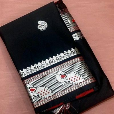 Banarasi Kora Organza Silver Zari Handloom Saree- Black