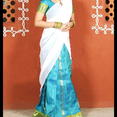 Gorgeous dark sky Blue Kalamkari Half saree/ Langa Voni for teens and –  siyarasfashionhouse