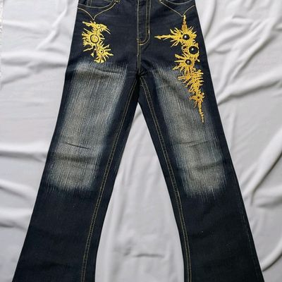 Embroidered Denim Pants for Woman in Denim/gold