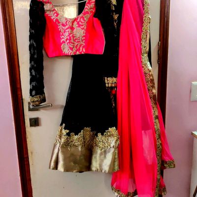 Black and Pink Printed Semi stitched Lehenga and Unstitched Blouse With  Dupatta - ShopGarb - 3762853