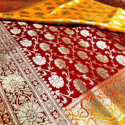 Shop Elegant Red & Grey Banarasi Silk Saree Online