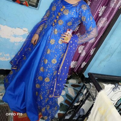AADGA Long Dress with Net Shrug Pattern for Women