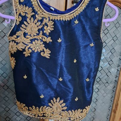 Beige Gold Printed Blouse with embroidery and silk lehenga with contrast  blue dupatta - Ltd Addition - 2897449