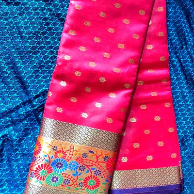 Orange maheshwari handloom silk cotton saree with Pink pallu