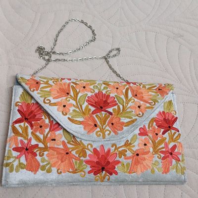 Handmade Embroidered Kashmiri Antique Clutch Wristlet Indian Made Purse  Organza Bag