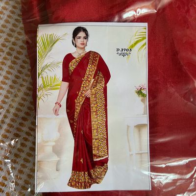 Red ready to wear saree Poly Crepe saree with Black Banglori Silk Blouse. –  Vpnam