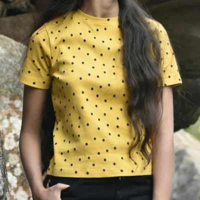 Yellow top with clearance black polka dots