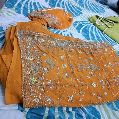 Yellow Heavy Sequins Partywear Saree