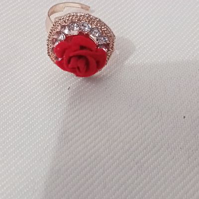 Tatting jewelry, silver ring With red flower in lace - Rahafil Handmade
