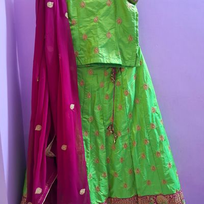 Pink And Parrot Green Unstitched Lehenga Set Fabric (3 Piece)