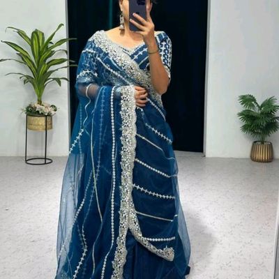 Beautiful Off White and Blue Lehenga Saree - MiaIndia.com