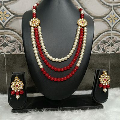 Pearl Beaded and Kundan Studded White Red Necklace Set Latest 236JW08