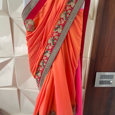 Party Wear, Traditional Orange color Art Silk, Silk fabric Saree : 1880541