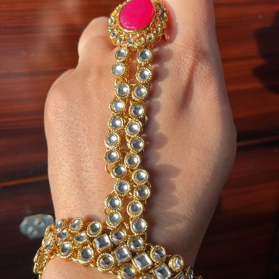 Kundan Stones Gold Finish, High End Cuff Style Ring Attached Hand Bracelet  With Ghungroo Accent - Etsy