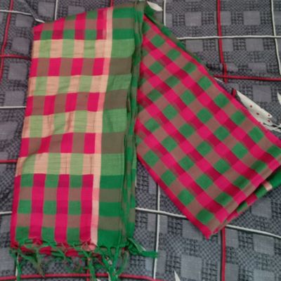 Rust Handloom Gadwal Cotton Saree With Checks