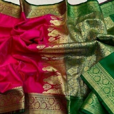 Buy kartavya Temple Border, Woven, Solid/Plain Banarasi Silk Blend,  Jacquard Green, Gold, Yellow Sarees Online @ Best Price In India |  Flipkart.com