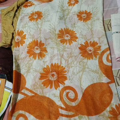 Orange White Floral Sari Fabric