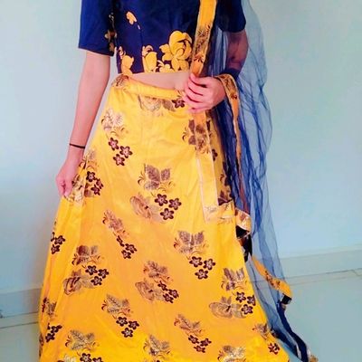 Shop Yellow N Navy Blue Blue Banarasi Silk Zari Work Umbrella Lehenga  Festive Wear Online at Best Price | Cbazaar