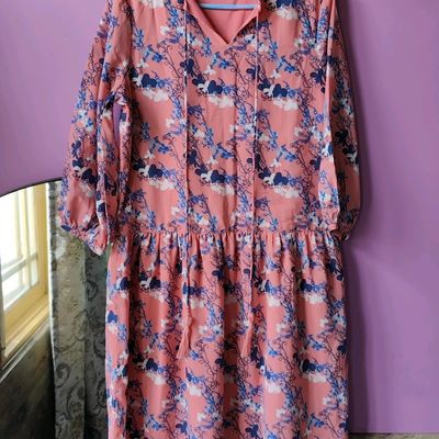 Dresses, Pink and Blue printed woven fit and flare dress, has a tie up  neck, three quarter Sleeves, an attached Lining, straight hem. Never Worn.