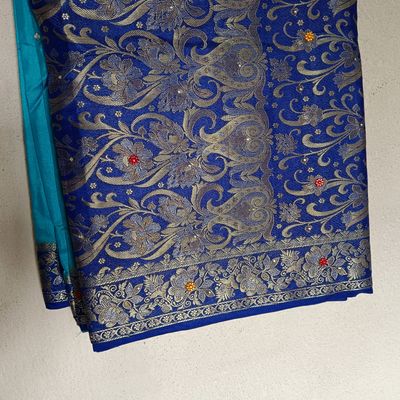 Blue Color Foil Printed And Stone Work Dola Silk Saree – Yana Fab