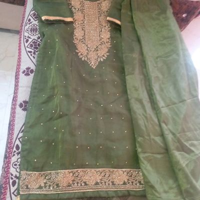 Pakistani Suit- Mehndi Color Suit With White Embroidery Work – Kalky  Creations