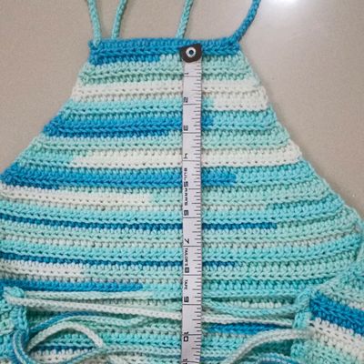 Handmade knitted halter top in blue and white