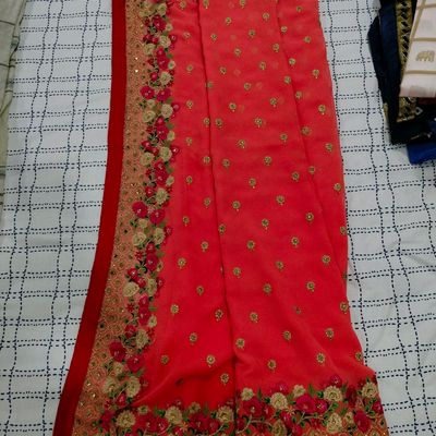 Party Wear Hot Red Chiffon Saree Heavy Resham Work