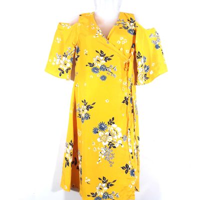 Usmixi Summer Dresses for Women Casual Ruffle Sleeve Wrap Hem Knee-Length  Sun Dresses Short Sleeve Round Neck Striped Print Midi Sun Dress Yellow L -  Walmart.com