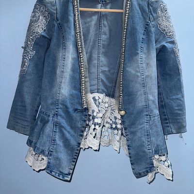 Korean Sweet Beads Sequined Lace Ruffled Denim Jacket For Women Elegant  Lapel Loose Denim Coat For Spring And Autumn From Baicao, $44.58 |  DHgate.Com