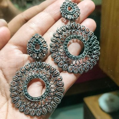 Charming Black Metal Pearl Hanging Jhumkas - South India Jewels-megaelearning.vn