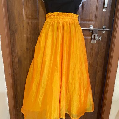Women Yellow Floral Anarkali Skirt With Knot Crop Top