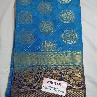 Golden Yellow with Copper Sulphate Blue Mysore Silk Saree