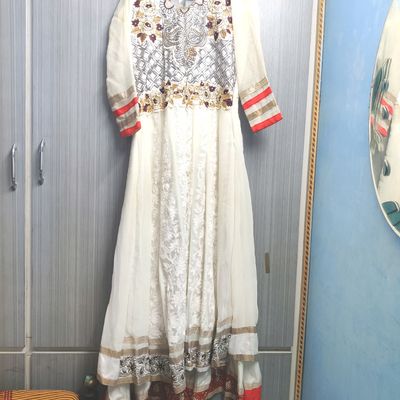 Off White & Gold Printed Plus Size Maxi Ethnic Dress With Dupatta