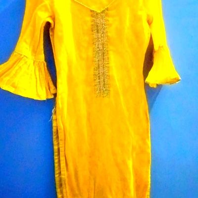 Tail Cut Kurti In Cotton Fabric in Turmeric Yellow Color