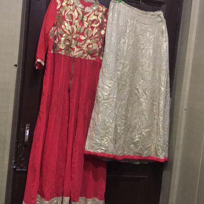 Light Brown Front Open Gown Flared Lehenga - Dupatta