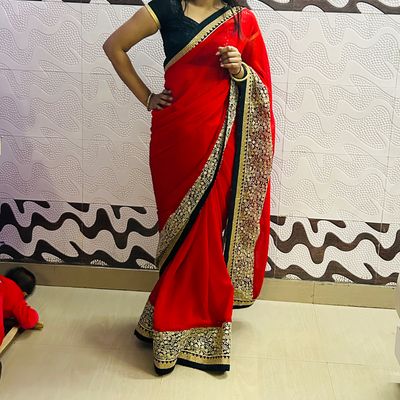 red saree with black floral border. | Indian dresses, Fancy sarees, Stylish  sarees