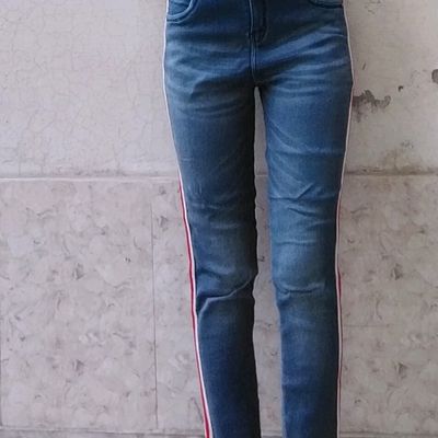 Buy Campus Sutra Blue High Rise Skinny Fit Side Red 2 Stripe Denim Jeans  online
