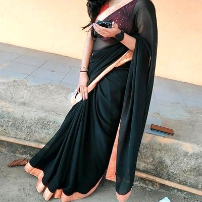 Buy Elegant Pre Stitched Black Georgette Saree Set