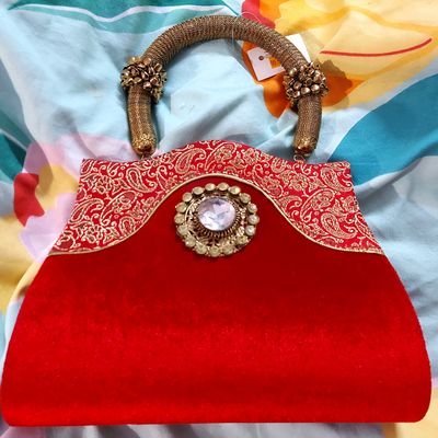 Red Brocade Stone & Ghungroo Embellished Traditional Hand Bag | EST-RSN-94  | Cilory.com