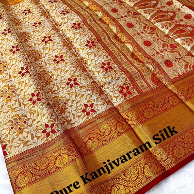 Pearl White Kanjivaram Saree With Golden Border | Kolour