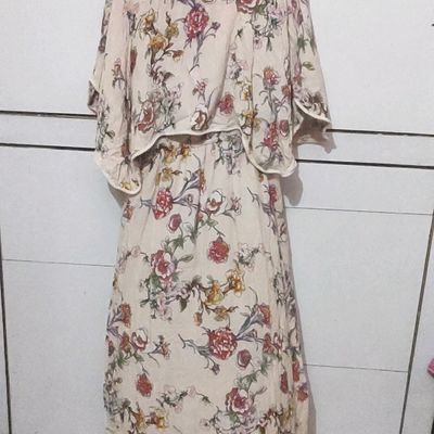 Printed Knee Length Dress With Cap Sleeves And Ruffles