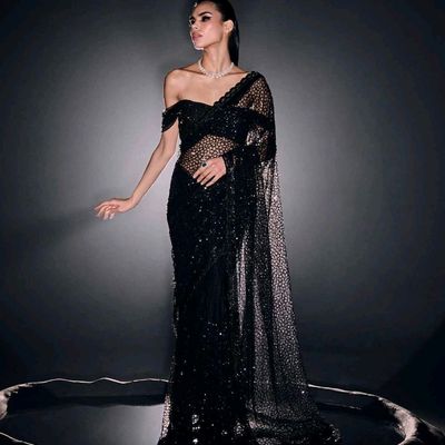 Buy Black Saree Viscose Georgette Draped Ruffle And Puff Sleeve Blouse Set  For Women by Aariyana Couture Online at Aza Fashions.