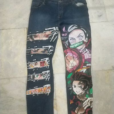 ROMWE Anime Letter & Cartoon Face Print Ripped Straight Leg Jeans | SHEIN  ASIA